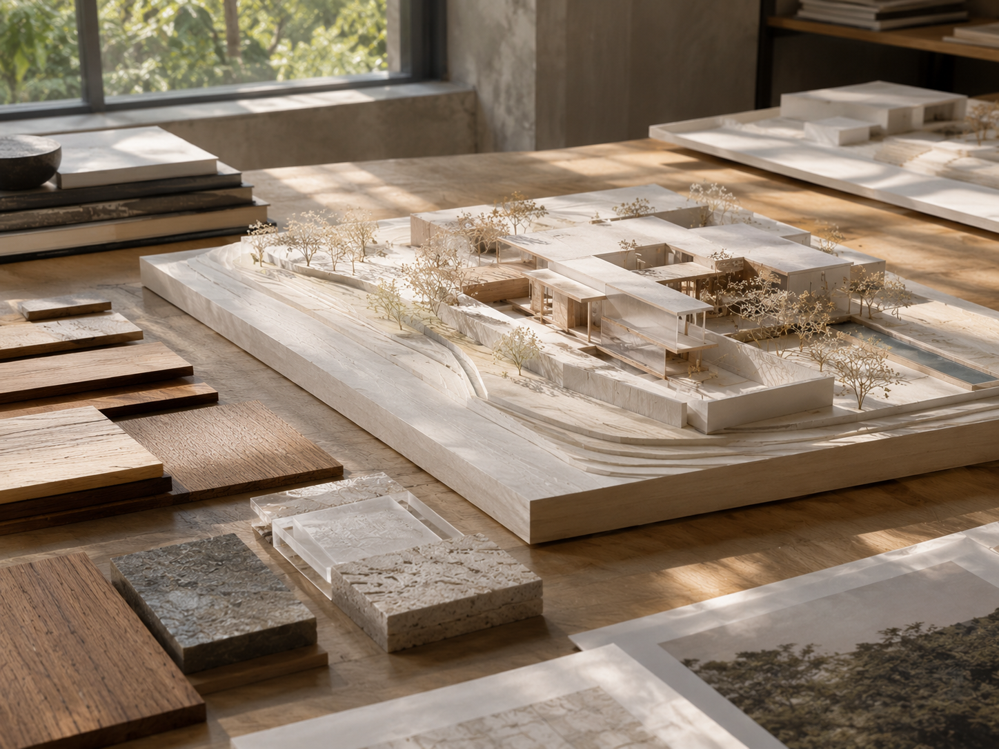Quiet architecture studio interior with timber and concrete surfaces